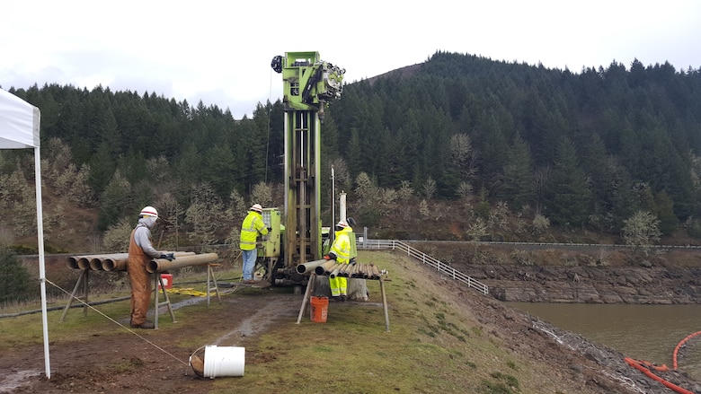 The U.S. Army Corps of Engineers Dam Safety team is conducting a geotechnical investigation at Cottage Grove Dam, which includes boring into the dam. Cottage Grove Dam is located on the Coast Fork of the Willamette River south of Eugene Ore. 

The work is part of a larger geotechnical assessment where data from the borings will provide information on the physical properties of the dam. The Dam Safety team will then use the data to study how the dam will perform under various conditions.