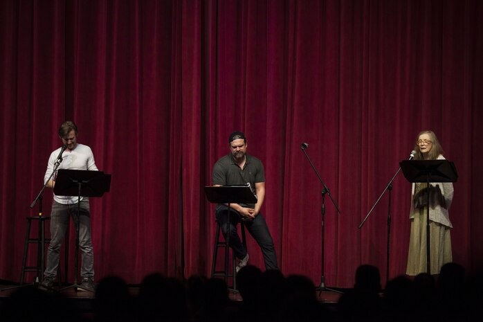 Jimmi Simpson, David Harbour and Frances Conroy, all actors with the Arts in the Armed Forces (AITAF), participate in a live play reading at the base theater, Marine Corps Base Hawaii, Jan. 26, 2017. AITAF is an organization that provides contemporary American plays and monologues presented by theater-trained actors and actresses. The organization uses live theater to open up conversations to bridge divides between military and civilian, service member and family members, the world of arts and the world of practical action. (U.S. Marine Corps photo by Cpl. Jesus Sepulveda Torres)
