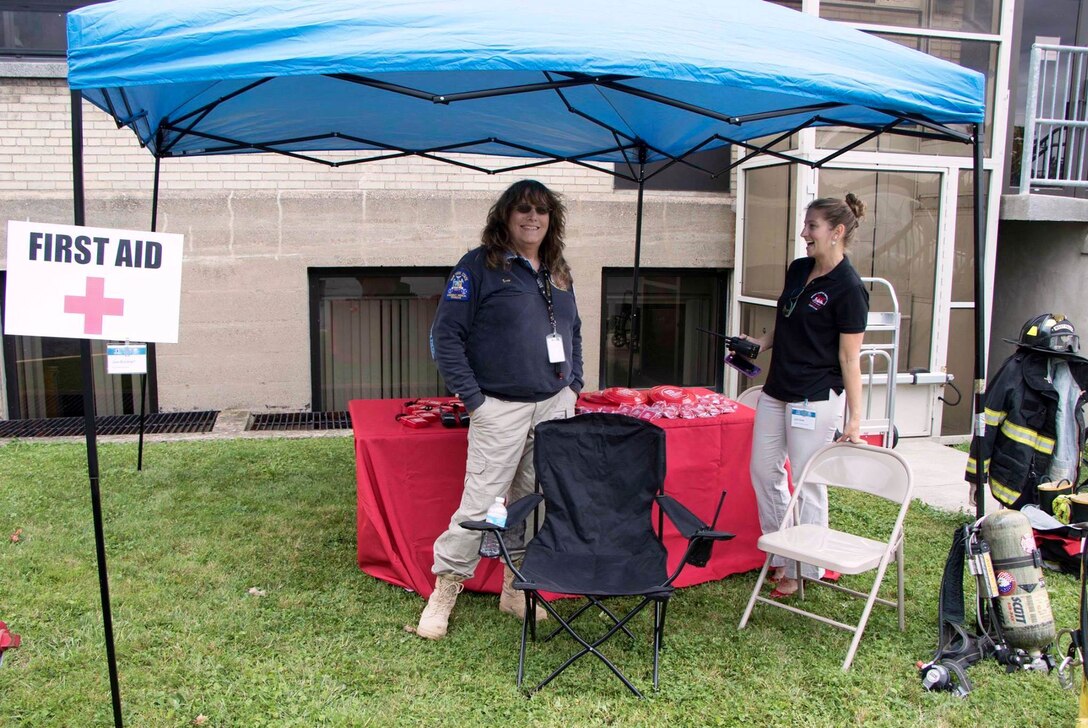 Jean Brockner, a USACE, Buffalo District contractor runs the First Aid station during the Erie Canal bicentennial event held at the Buffalo District headquarters on Aug. 8, 2017.