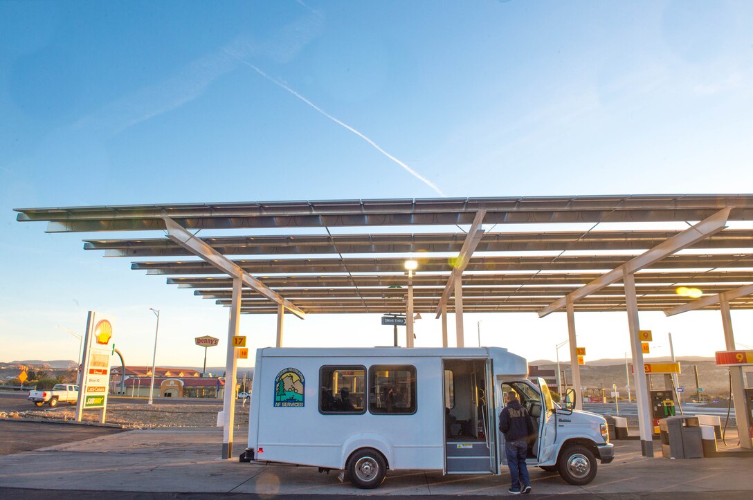 A bus from the 56th Force Support Squadron Outdoor Recreation facility stops for gas in Camp Verde, Ariz., Jan. 27, 2018. Outdoor Recreation hosted a trip to Grand Canyon National Park for 12 military affiliated Thunderbolts. (U.S. Air Force photo/Airman 1st Class Caleb Worpel)