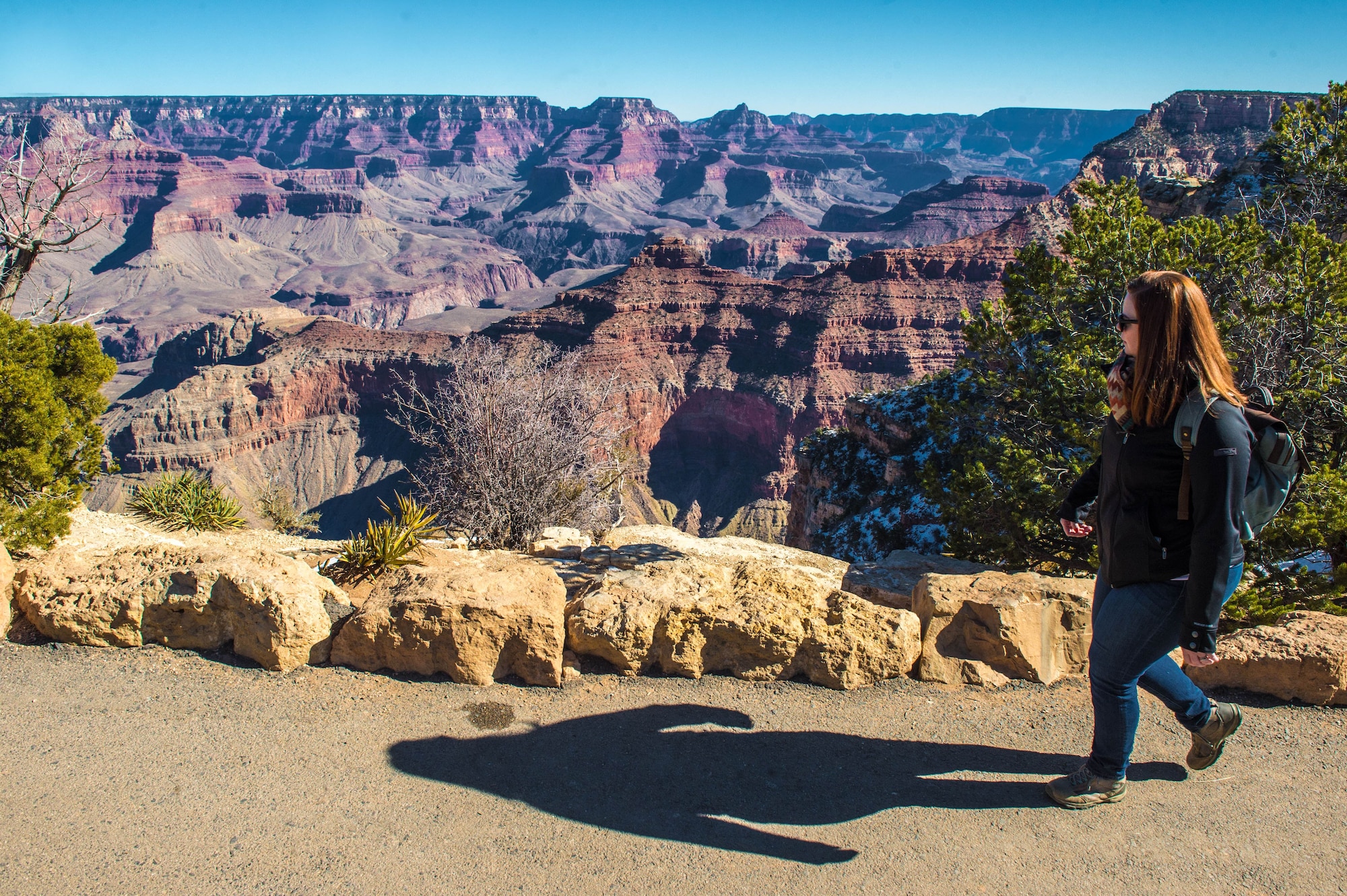 A visitor walks along the south rim of the Grand Canyon in Grand Canyon National Park, Ariz., Jan. 27, 2018. The park is a popular destination for Airmen assigned to Luke Air Force Base offering scenic views, hiking trails and much more. (U.S. Air Force photo/Airman 1st Class Caleb Worpel)