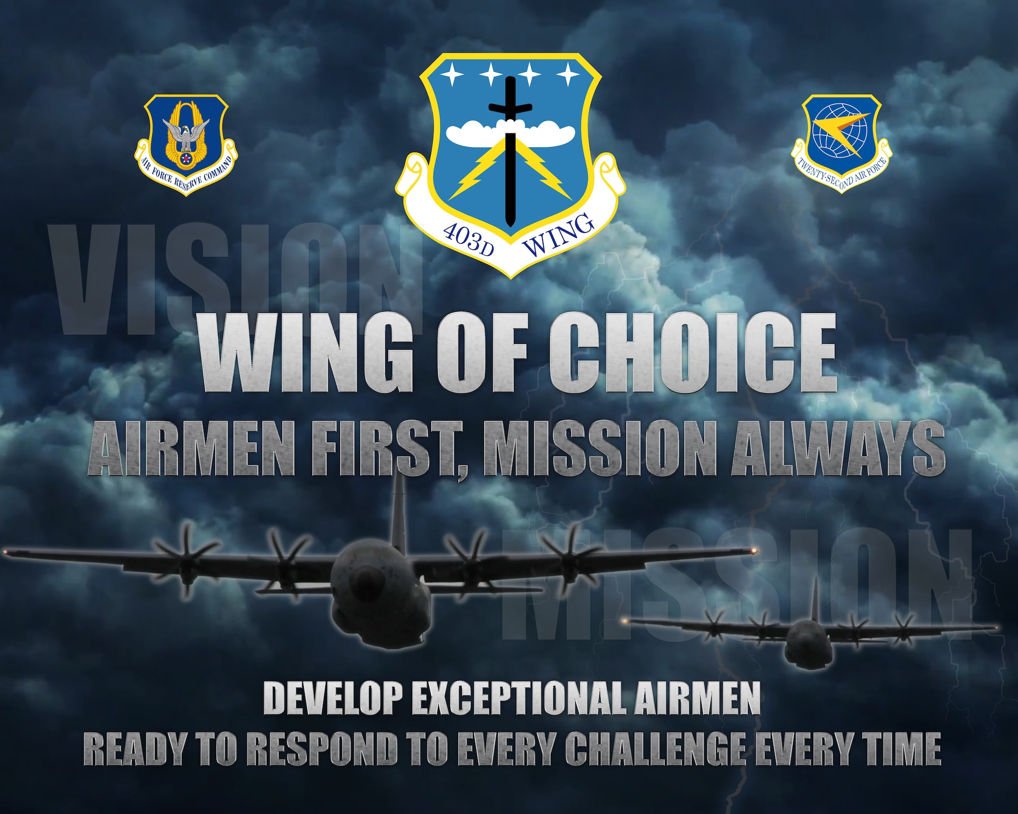 The 403rd Wing at Keesler Air Force Base, Mississippi, adopted new vision and mission statements Jan. 29, 2018. The goal of these statements is to focus 403rd Reserve Citizen Airmen on the training they perform in support of the wing’s mission and direct their energy toward fulfilling the requirements of the Air Force Reserve Command and the mission of the Air Force as a whole. (U.S. Air Force graphic by Maj. Marnee A.C. Losurdo)