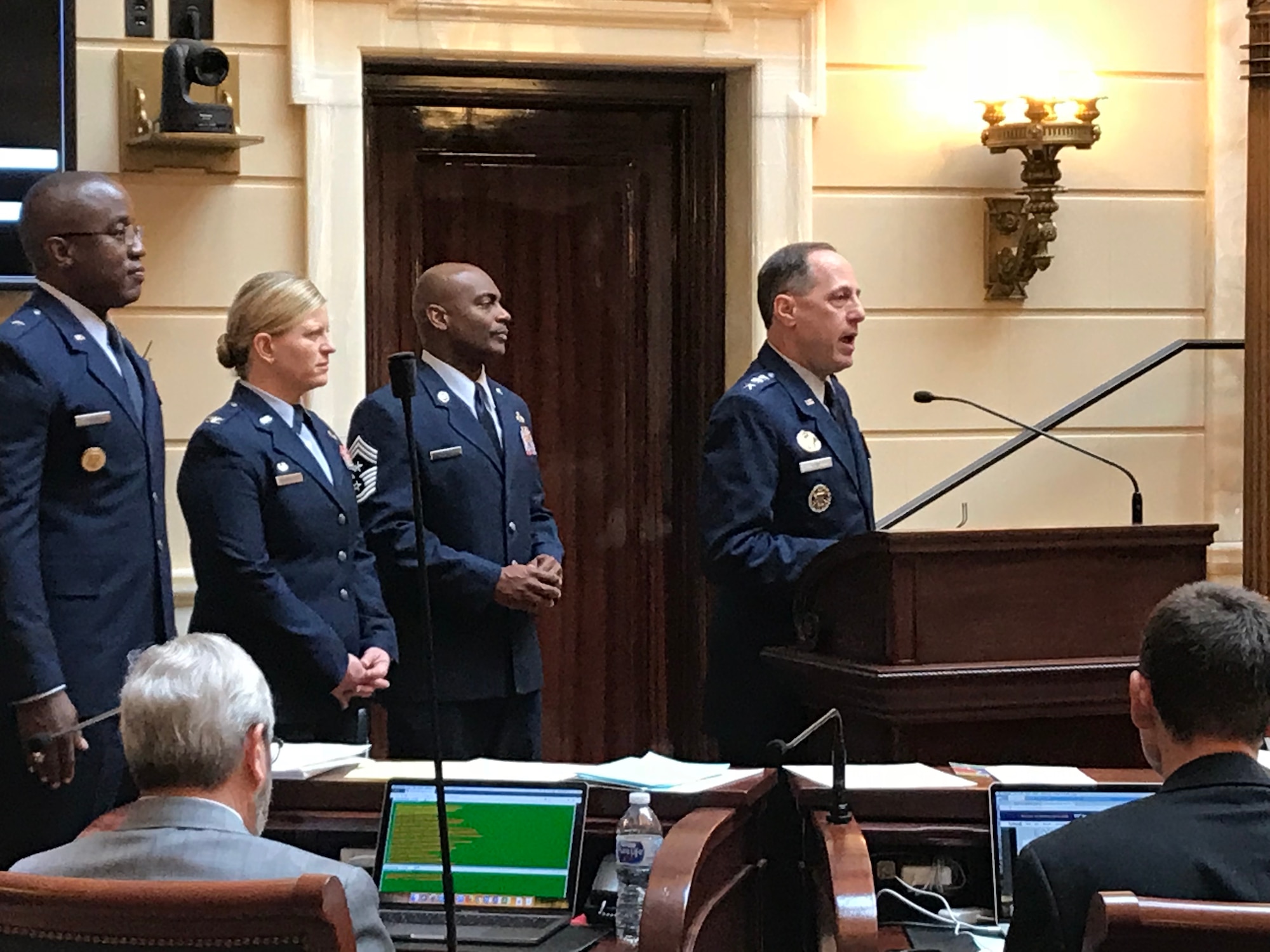 Air Force Sustainment Center Commander Lt. Gen. Lee K. Levy II addresses members of the Utah State House of Representatives on Wednesday. Lt Gen Levy also addressed members of the Utah State Senate concerning the importance of relationships between legislatures and military installations.  Military and civil leaders then attended the Meet the Military event at the Utah State Capitol rotunda. (Courtesy photo)