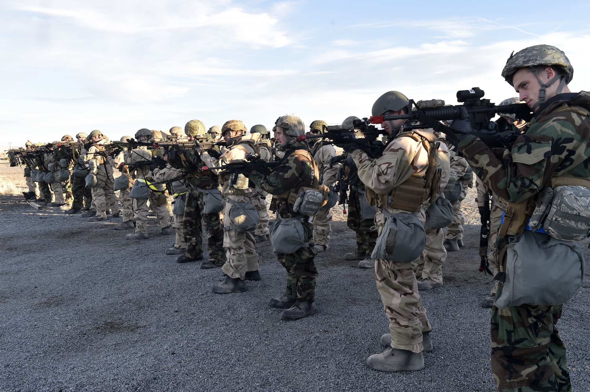 Airmen assigned to the 821st Contingency Response Group practice weapons immediate and remedial training while deployed to Amedee Army Airfield, Calif., as part of a week-long readiness exercise, Feb. 1, 2018.  The exercise evaluated the Airmen’s readiness and ability to execute and sustain rapid global mobility around the world. (U.S. Air Force photo by Tech. Sgt. Liliana Moreno/Released)