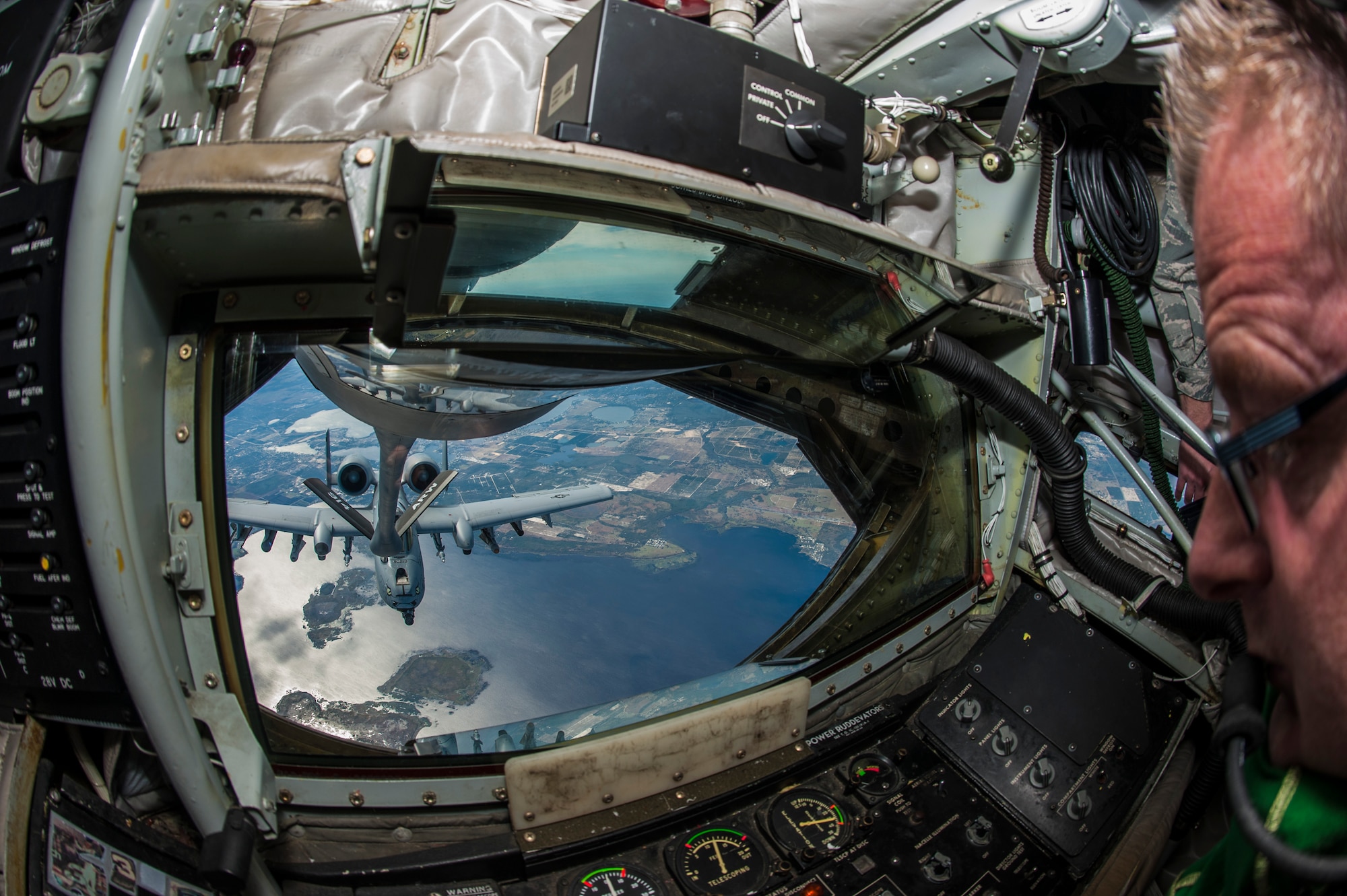 U.S. Air Force Master Sgt. Moe Shivers, a boom operator assigned to the 914th Operations Support Squadron, Niagara Air Reserve Station, N.Y., refuels an A-10 Thunderbolt II aircraft over Avon Park, Fla., Jan. 30, 2018.