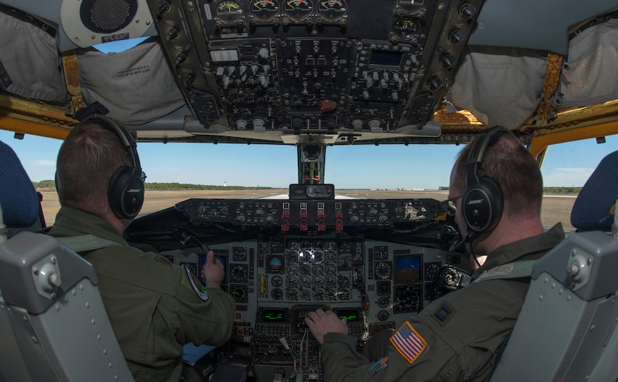 U.S. Air Force Maj. Justin Fadem, director of operations, and Capt. Travis Richards, a co-pilot, both assigned to the 328th Air Refueling Squadron from Niagara Air Reserve Station, N.Y., taxi a KC-135 Stratotanker aircraft at MacDill Air Force Base, Fla., Jan. 30, 2018.