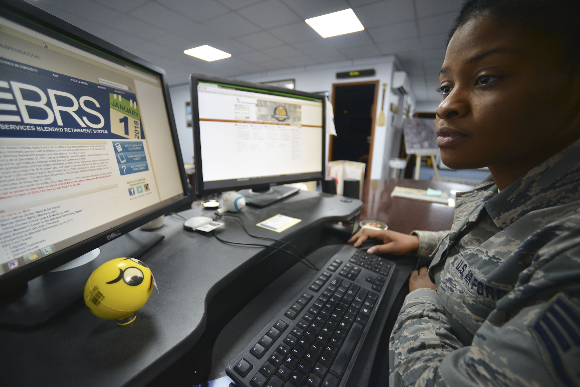 U.S. Air Force Staff Sgt. Dalia Theodule, 380th Air Expeditionary Wing command chief executive assistant, researches the Blended Retirement System on Al Dhafra Air Base, United Arab Emirates, Jan. 31, 2018. As of Jan. 1, 2018, nearly 1.6 million service members will have the option to opt into BRS or remain in the current “High-3” retirement system. (U.S. Air Force photo by Airman 1st Class D. Blake Browning)