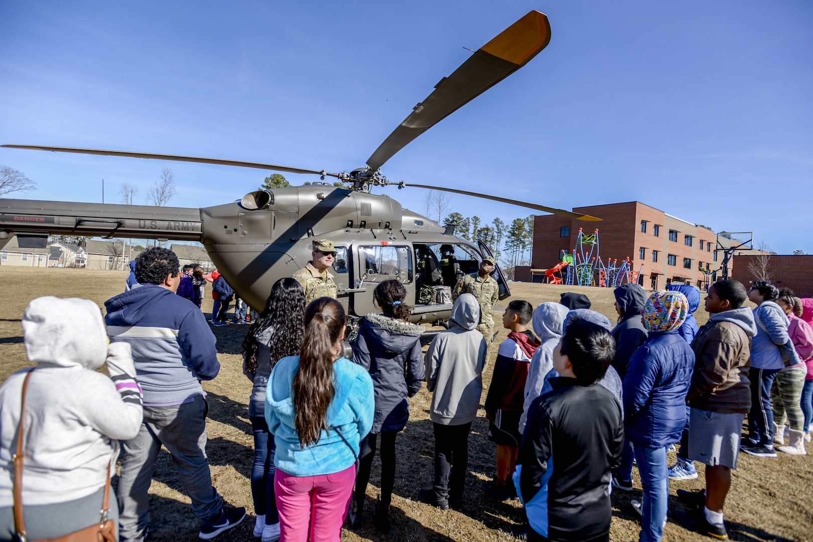 NC Soldiers at school career day in helicopter