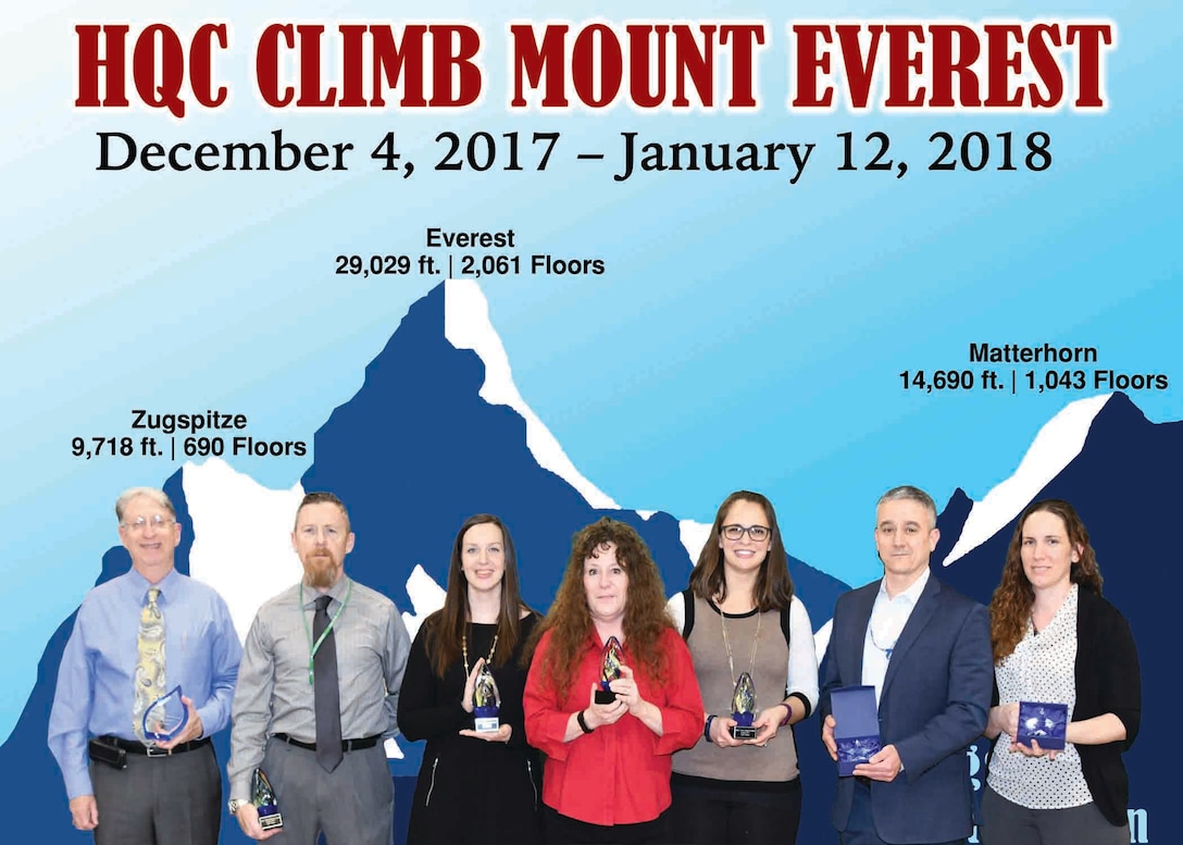 Individual winners and teams pose according to their height achievements in the HQC Climb Mount Everest challenge.