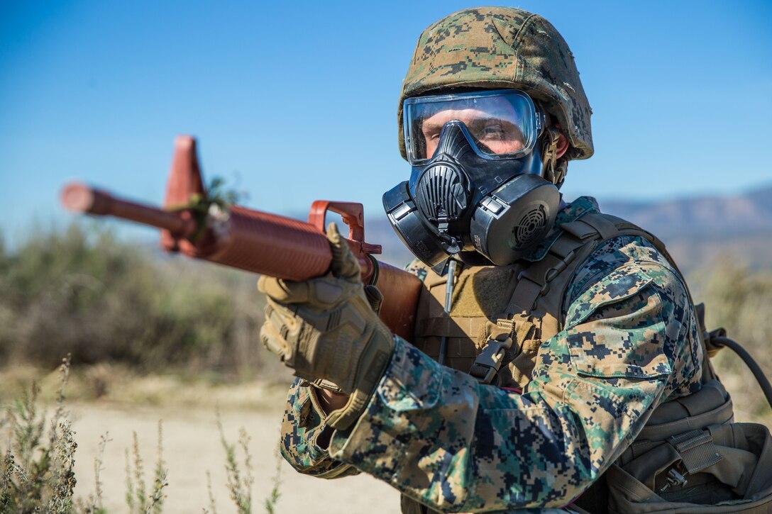 U.S. Marine Corps Lance Cpl. Luke Skeens, a Military Police Officer with Alpha Company, 1st Law Enforcement Battalion, 1st Marine Division, scans for enemy contact during a simulated patrol aboard Camp Pendleton, Calif., Jan. 31, 2018. 1st LEB particpated in detainee operations to prepare its Marines with the knowledge required to operate a detention facility.