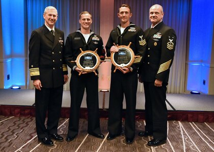 Naval Sea Systems Command’s Commander Vice Adm. Tom Moore and Command Master Chief Petty Officer Robert Crossno, stand with 2017 NAVSEA Sailors of the Year, Hospital Corpsman 1st Class Brandon Elrod of Naval Undersea Warfare Center Keyport (Active) and Engineman 1st Class Brandon Lovell of Surgemain Houston (Reserve).