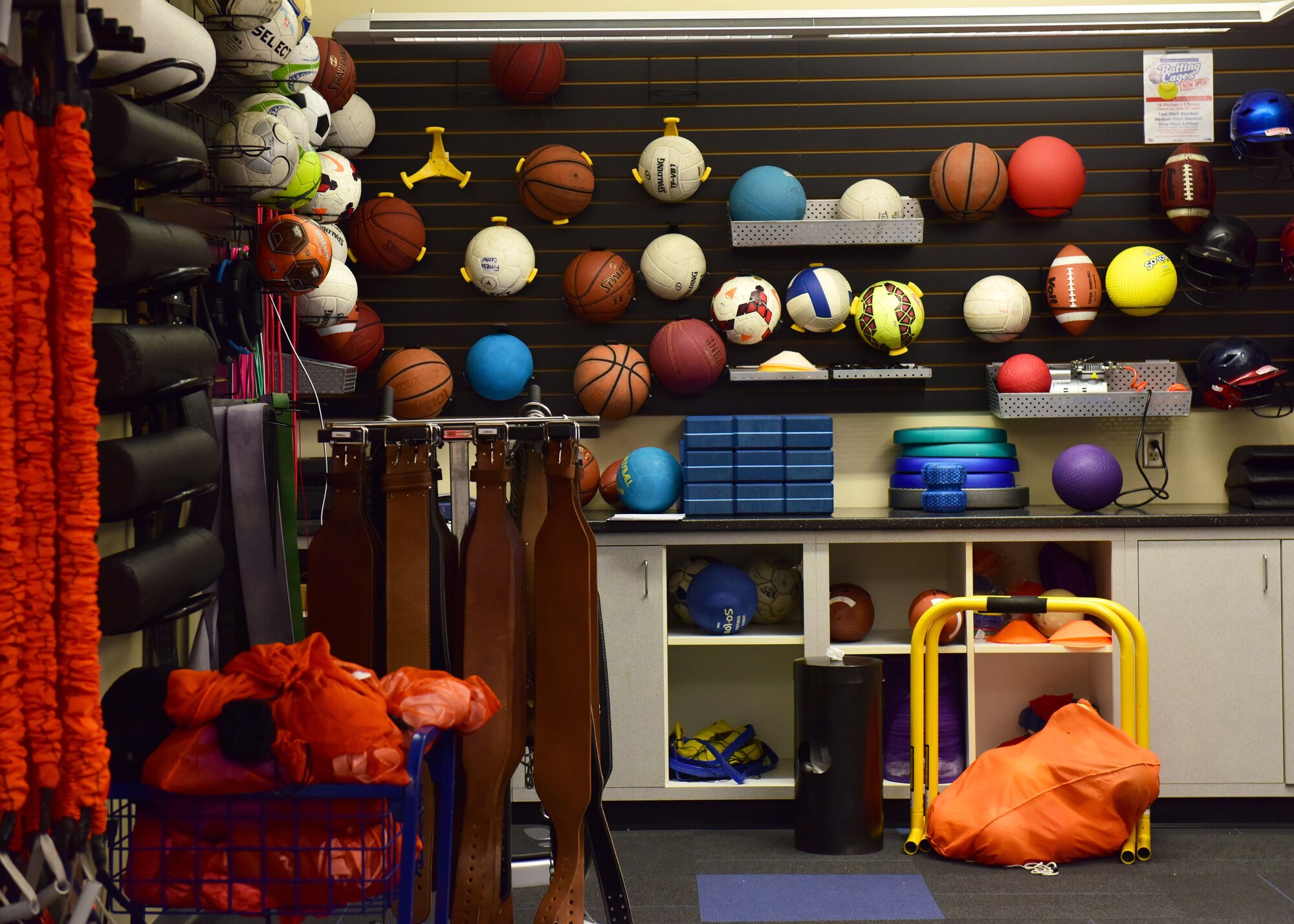 A variety of exercise equipment is available for use in the Fitness Center at Whiteman Air Force Base, Mo., Jan. 24, 2018. Basketball, racquetball and volleyball courts are located inside the gym, while an outdoor track and field is open for running, football and soccer. (U.S. Air Force photo by Staff Sgt. Danielle Quilla)