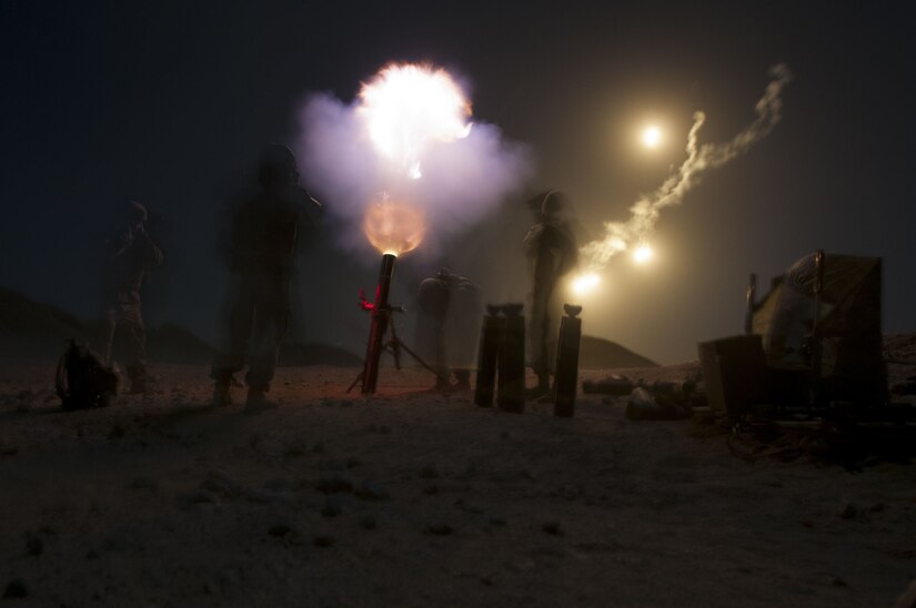 A mortar crew from Headquarters and Headquarters Company, 1st Battalion, 35th Armored Regiment, 2nd Armored Brigade Combat Team, 1st Infantry Division, fires illumination rounds into the night, Jan 28. 2018, during Inferno Creek 2018 near Thumrait, Oman. Inferno Creek 2018 is an annual Omani-U.S. exercise focused on building bilateral ties between the two militaries. This is the first time the exercise was held at the company level.
