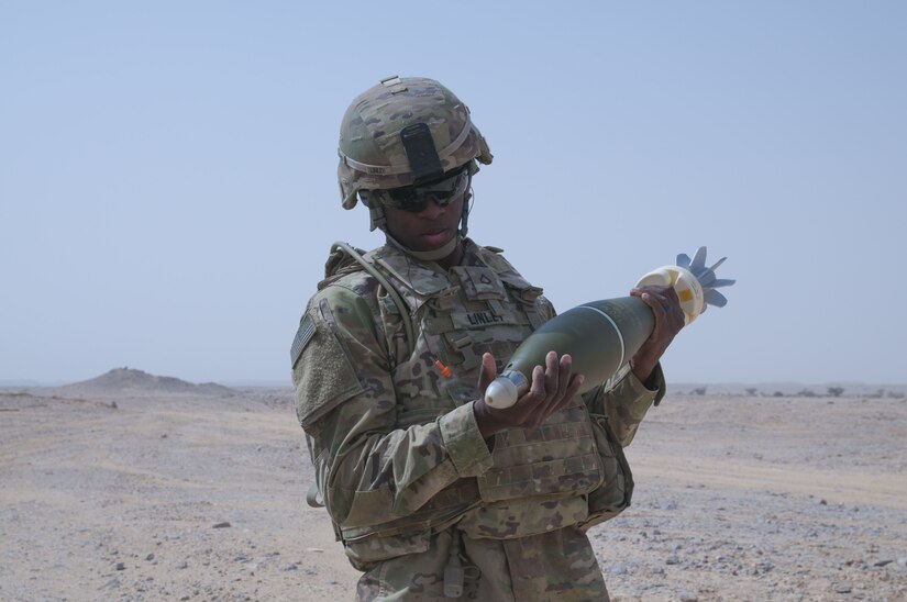 Pfc. Tyiamarte Linley, an ammo bearer and mortarman with Headquarters and Headquarters Company, 1st Battalion, 35th Armored Regiment, 2nd Armored Brigade Combat Team, 1st Infantry Division, prepares 120mm mortars for firing, Jan 29. 2018, during Inferno Creek 2018 near Thumrait, Oman. Inferno Creek 2018 is an annual Omani-U.S. exercise focused on building bilateral ties between the two militaries. This is the first time the exercise was held at the company level.