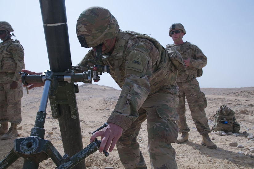 Pfc. Ryan Pridemore, a gunner and mortarman with Headquarters and Headquarters Company, 1st Battalion, 35th Armored Regiment, 2nd Armored Brigade Combat Team, 1st Infantry Division, aims his mortar in support of U.S. and Omani forces, Jan 29. 2018, during Inferno Creek 2018 near Thumrait, Oman. Inferno Creek 2018 is an annual Omani-U.S. exercise focused on building bilateral ties between the two militaries. This is the first time the exercise was held at the company level.