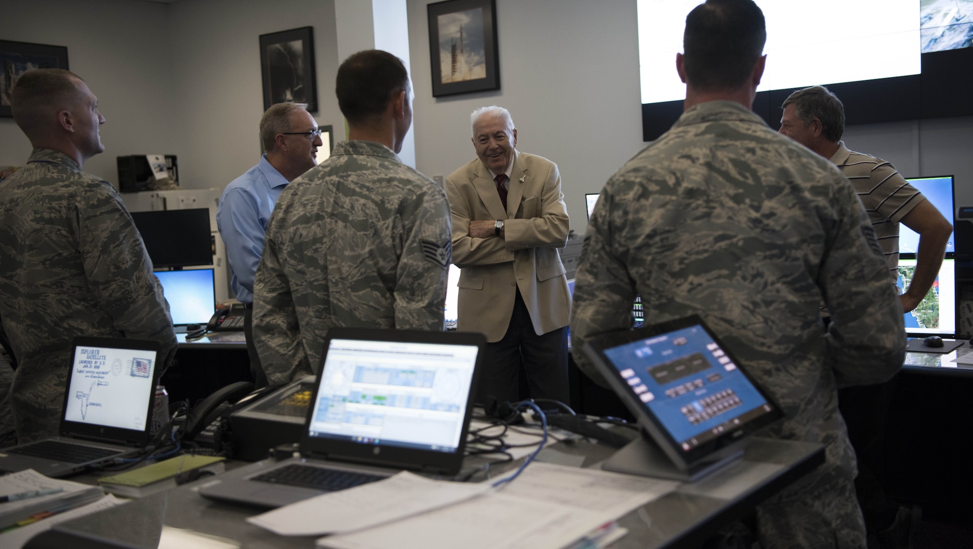 Dr. John Meisenheimer speaks to members of the 45th Weather Squadron prior to the GovSat-1 launch, Jan. 31, 2018 at Cape Canaveral Air Force Station, Fla. (U.S. Air Force photo by Airman Zoe Thacker)