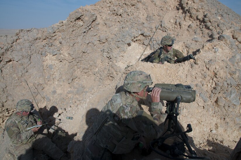 A fires support team with C Company, 1st Battalion, 37th Armored Regiment, 2nd Armored Brigade Combat Team, 1st Infantry Division, reports the battle damage assessment from simulated mortar fires, Jan 29. 2018, during Inferno Creek 2018 near Thumrait, Oman. Inferno Creek 2018 is an annual Omani-U.S. exercise focused on building bilateral ties between the two militaries. This is the first time the exercise was held at the company level.