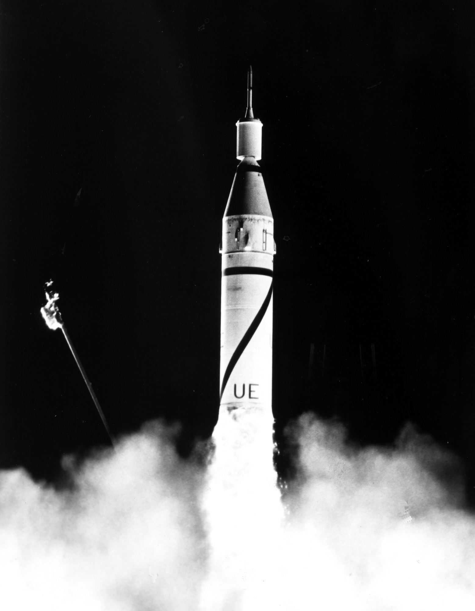 The United States' first satellite, Explorer 1, is launched into orbit by a Jupiter C rocket at 10:48 p.m. EST, on Jan. 31, 1958. Explorer 1 confirmed existence of high-radiation bands above the Earth's atmosphere. (Courtesy photo by NASA)