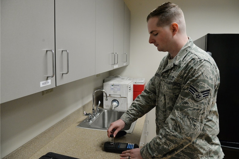 Senior Airman William Raetz, 341st Senior Airman William Raetz, 341st Medical Operations Squadron bioenvironmental engineering technician, uses a colorimeter to test water chlorine levels Jan. 31, 2018, at Malmstrom Air Force Base, Mont.