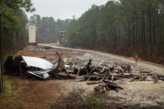 Marines with 8th Engineer Support Battalion, 2nd Marine Logistics Group, clear a section of land aboard Camp Lejeune, N.C., Jan. 29, 2018. The land was cleared to make room to facilitate more advanced future structures being built. (U.S. Marine Corps photo by Lance Cpl. Tyler W. Stewart)