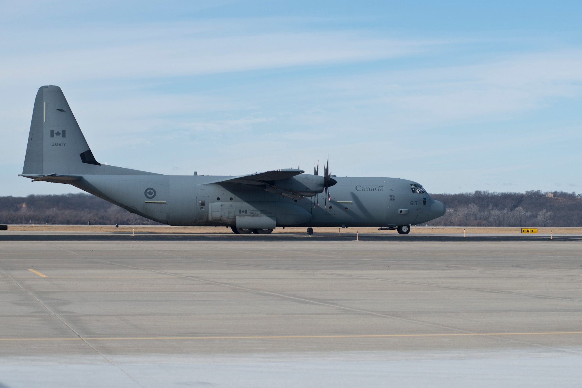 A Royal Canadian Air Force CC-130J aircraft taxies at Rosecrans Memorial Airport, St. Joesph, Mo. February 1, 2018 after a training flight for the Treaty on Open Skies. Personnel from the United States, Canada, United Kingdom, France and the Czech Republic participated in the flight designed to promote international cooperation and transparency. (U.S. Air National Guard photo/Tech. Sgt. John Hillier)