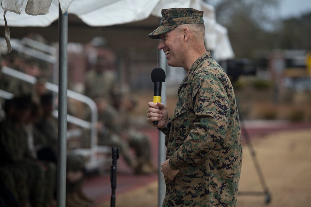 Sgt. Maj. Patrick J. Kimble, force sergeant major of Marine Forces Reserve and Marine Forces North, speaks to guests during his relief and appointment ceremony held at Marine Corps Support Facility, New Orleans, Louisiana, Feb. 2, 2018. Kimble relinquished his duties to Sgt. Maj. Scott D. Grade, who will post as the new force sergeant major for MARFORRES and MARFORNORTH. (U.S. Marine Corps Photograph by Lance Cpl. Ricardo Davila/Released)