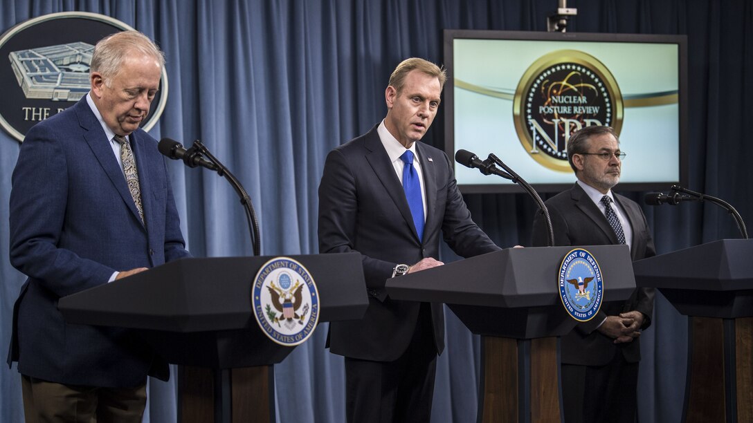 Deputy Defense Secretary Patrick Shanahan and two government officials brief reporters at the Pentagon