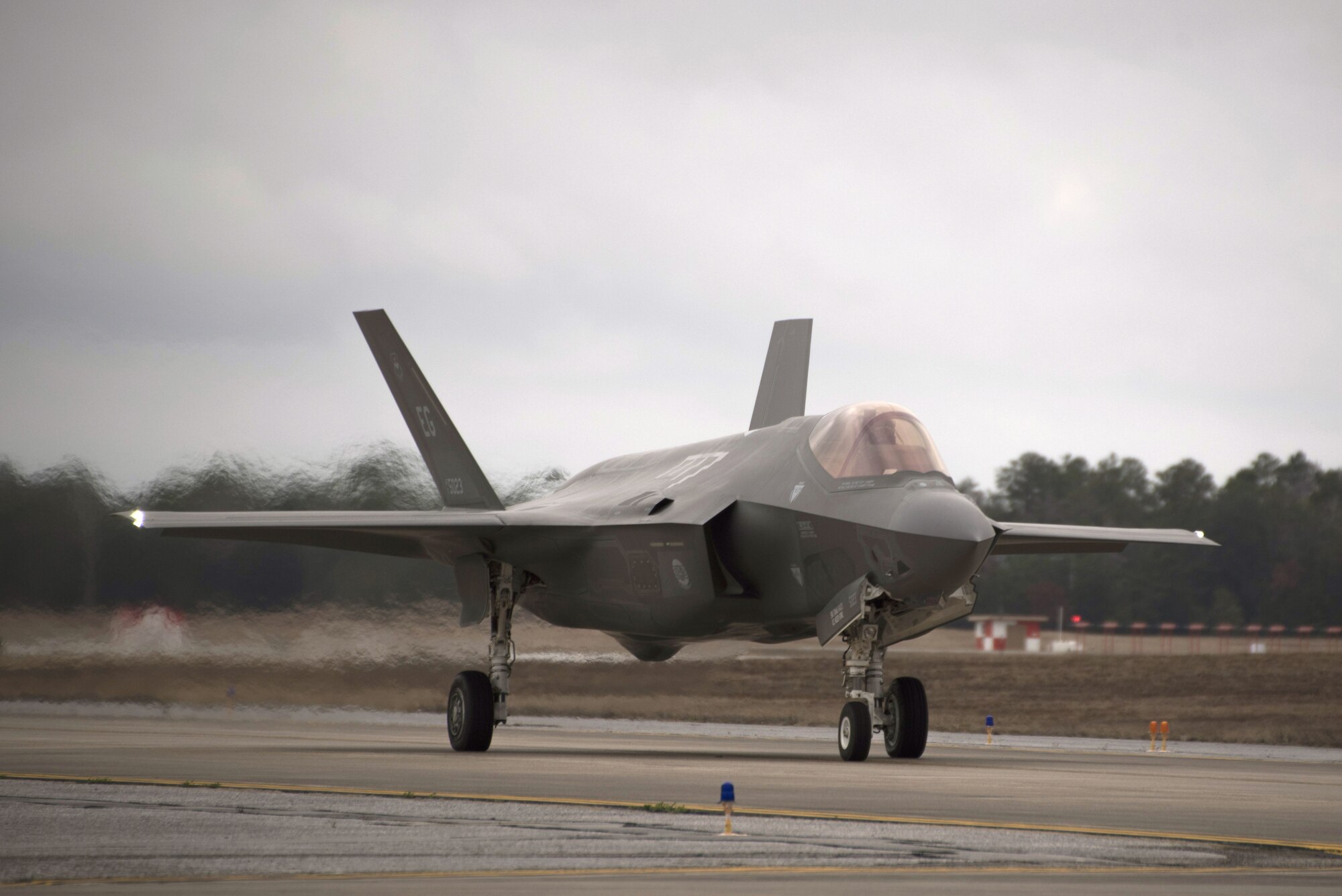 An F-35A Lightning II assigned to the 33rd Fighter Wing taxis prior to participating in an expanded Lightning Top Off Course Jan. 29, 2018, at Eglin Air Force Base, Fla. During the expanded LiTOC 10 U.S. Navy and Air Force active duty and reserve units will conduct over 500 sorties throughout the two week exercise. Expanding LiTOC from its typical academic and simulator training to actual live-fly missions enables the 33 FW to better meet the needs of the operational squadrons student pilots will be assigned to. (U.S. Air Force photo by Staff Sgt. Peter Thompson/Released)