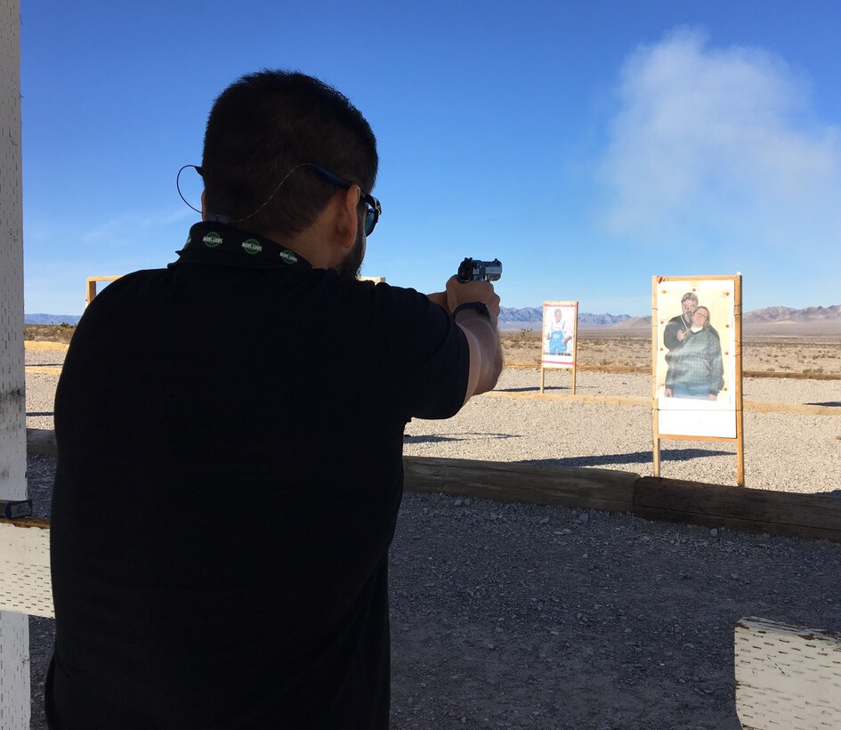 Lt. Col. Ubirajara Rosses, Military Police for the State of Amazonas, Brazil, engages hostile targets at the Creech AFB, Nev., Shooting Range in January, 2018, as part of an AFOSI liaison event. (Photo submitted by AFOSI Det. 202)