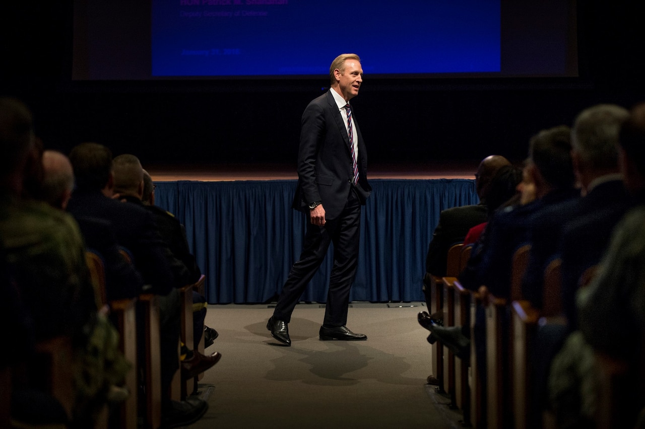 Deputy Defense Secretary Patrick M. Shanahan conducts an all-hands session with senior leaders at the Pentagon.