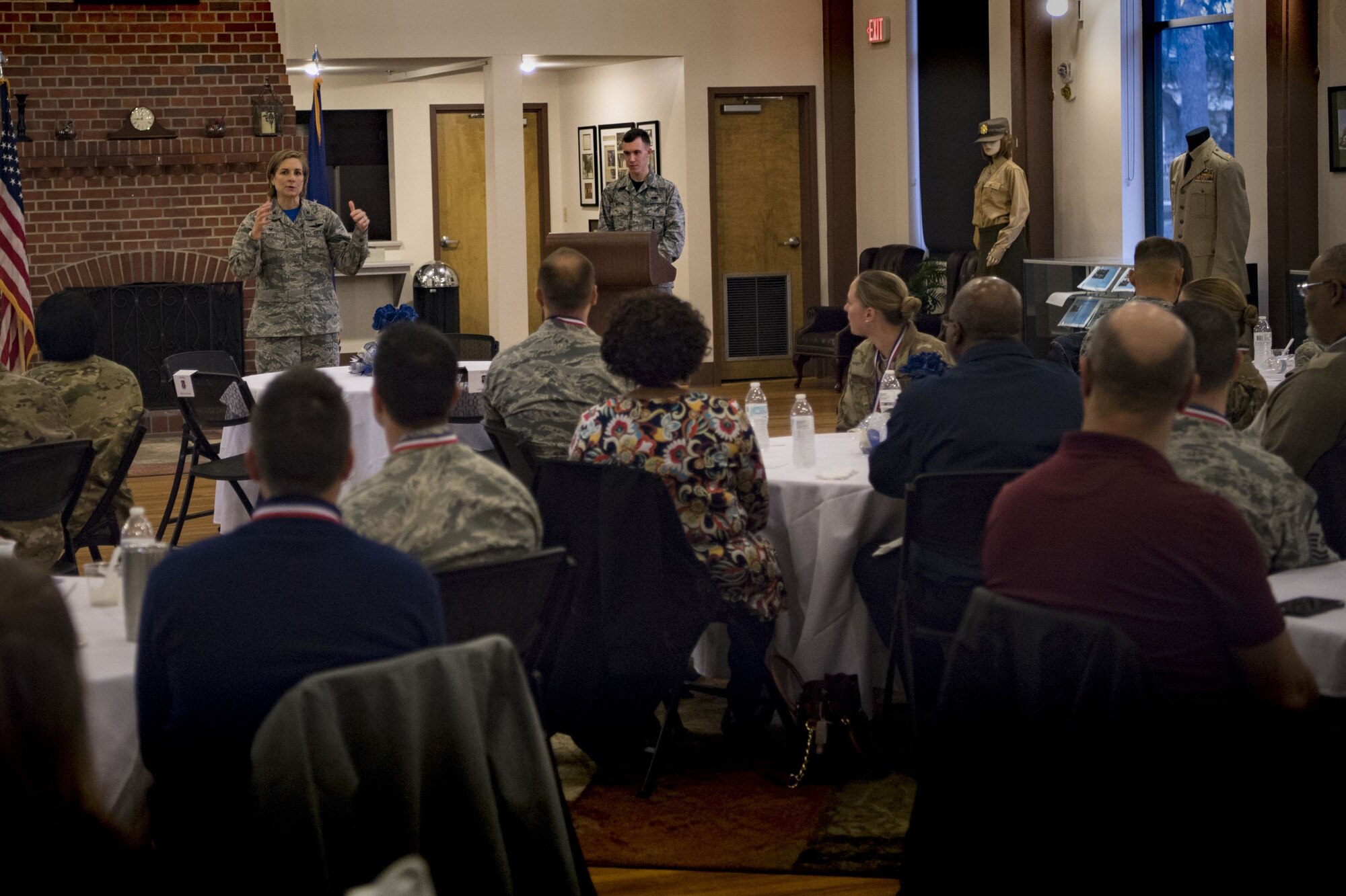 Col. Jennifer Short, 23d Wing commander, addresses a crowd of annual award nominees before a Tour of Champions, Feb. 2, 2018, at Moody Air Force Base, Ga. The Tour of Champions recognizes 23d Wing annual award nominees and an opportunity to gain a better perspective of the 23d Wing’s mission. (U.S. Air Force photo by Senior Airman Daniel Snider)