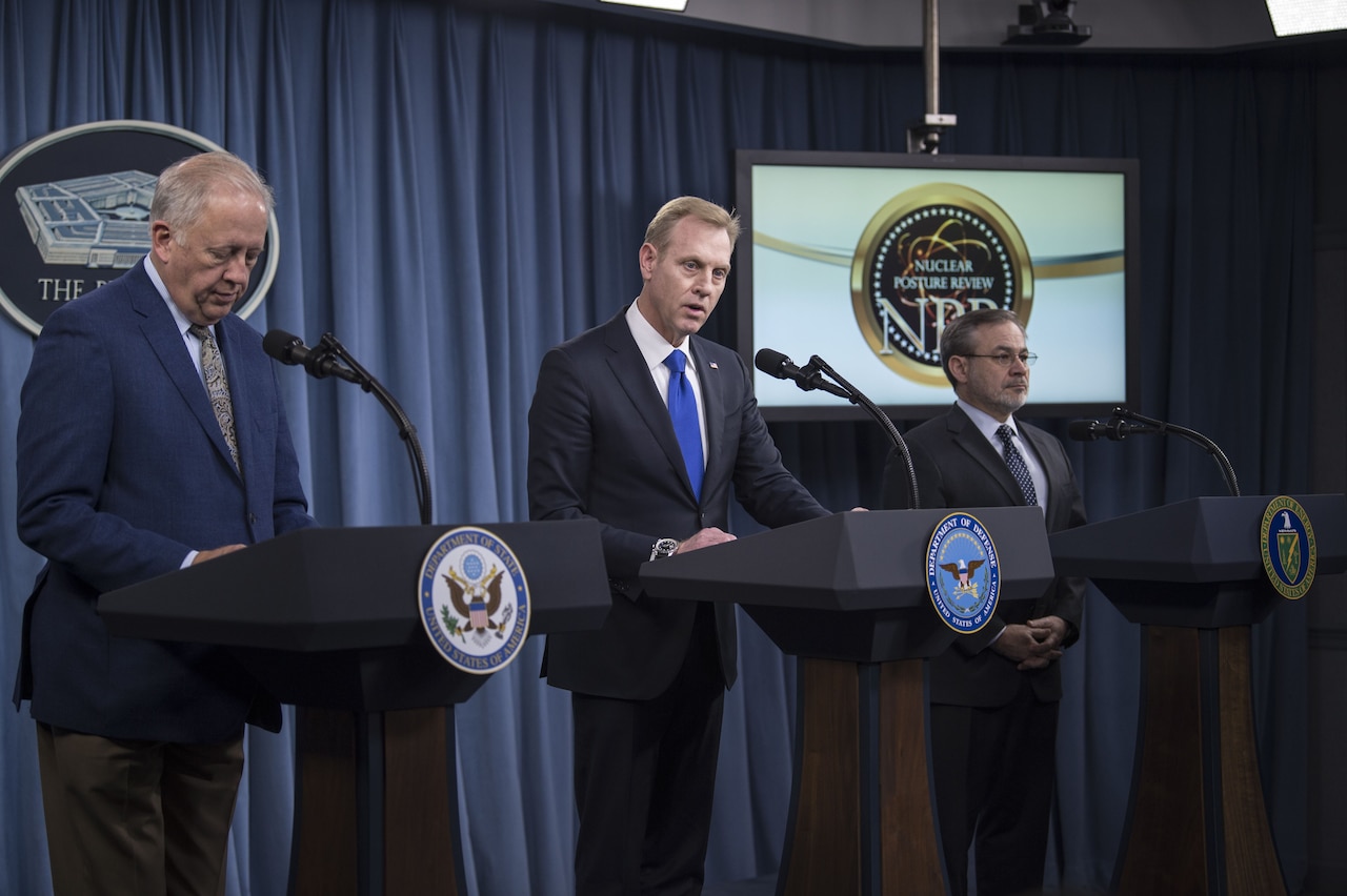 Deputy Defense Secretary Patrick M. Shanahan, center, Undersecretary of State for Political Affairs Thomas A. Shannon Jr., left, and Deputy Energy Secretary Dan Brouillette brief the press on the 2018 Nuclear Posture Review at the Pentagon.