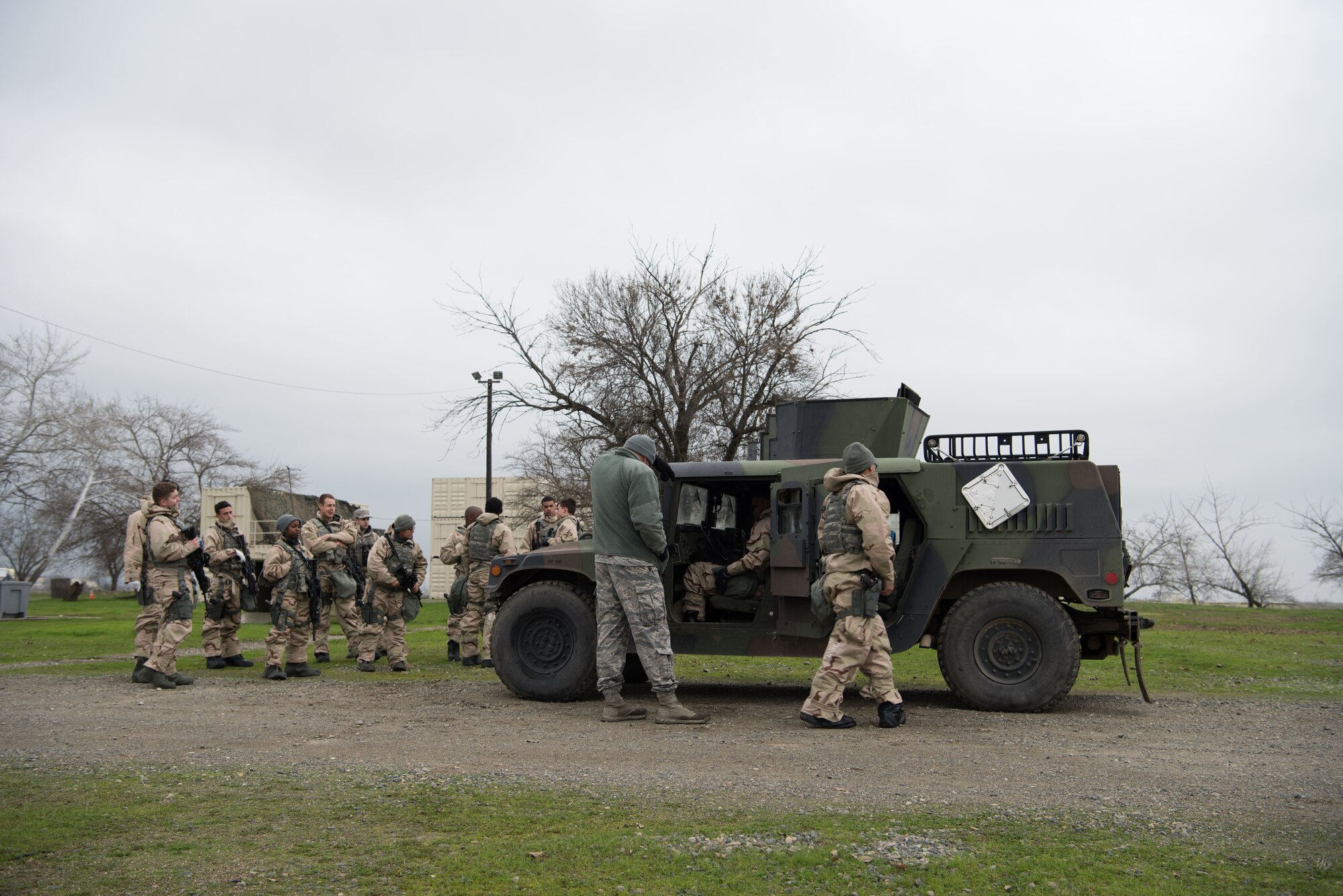 9th Security Forces Squadron Airmen familiarize themselves with a humvee during exercise Full Spectrum at Beale Air Froce Base, California, Jan. 18, 2018. Full Spectrum is a readiness exercise meant to give Airmen the skills needed  effectively work in a combat enviroment. (U.S. Air Force photo/Senior Airman Justin Parsons)