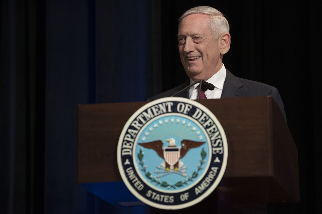 Defense Secretary James N. Mattis speaks during a ceremony at the Pentagon.