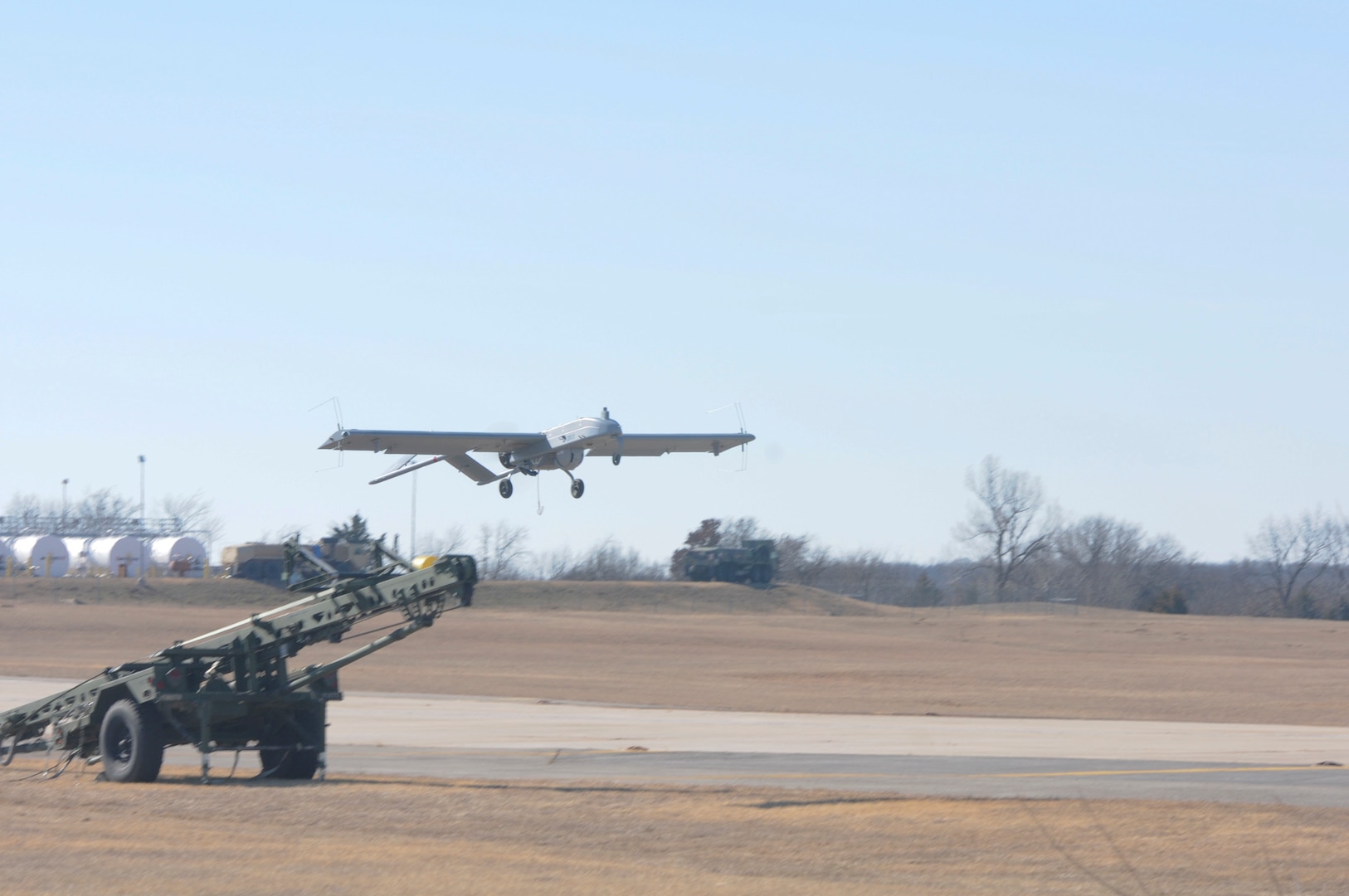 Oklahoma Army National Guard soldiers conduct their required Additional Flight Training Period (ATFP) hours with the RQ-7 Bravo or "Shadow" at Muldrow Army Heliport in Lexington, Oklahoma, Jan. 29, 2018. . (USANG photo by Staff Sgt. Jason Lay)