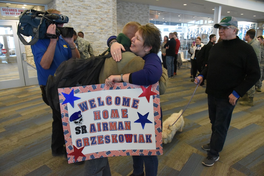 Twelve members of the 219th Security Forces Squadron returned home to the Minot International Airport, Minot, N.D., upon completion of their six-month deployment to southwest Asia Feb. 2, 2018.