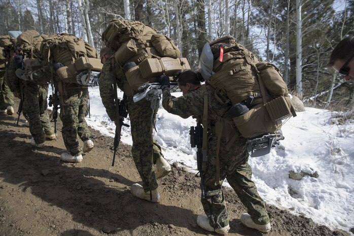 Marines with Combat Logistics Regiment 25, 2nd Marine Logistics Group assist one another during a hike as part of cold weather training at Marine Corps Mountain Warfare Training Center, Bridgeport, Calif., Jan. 26, 2018. Approximately 90 Marines participated in the week-long event where they learned survival skills, how to traverse mountainous terrain and cold weather weapons maintenance. The training will prepare the Marines for joint-force training exercise Artic Edge in northern Alaska, which will expose Marines to the peninsula’s weather extremes. (U.S. Marine Corps photo by Sgt. Brianna Gaudi)