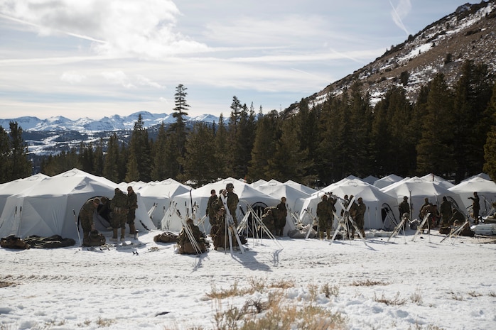 Marines with Task Force Arctic Edge prepare for their day during cold weather training at Marine Corps Mountain Warfare Training Center, Bridgeport, Calif., Jan. 28, 2018. Approximately 90 Marines participated in the week-long event where they learned survival skills, how to traverse mountainous terrain and cold weather weapons maintenance. The training will prepare the Marines for joint-force training exercise Artic Edge in northern Alaska, which will expose Marines to the peninsula’s weather extremes. (U.S. Marine Corps photo by Sgt. Brianna Gaudi)