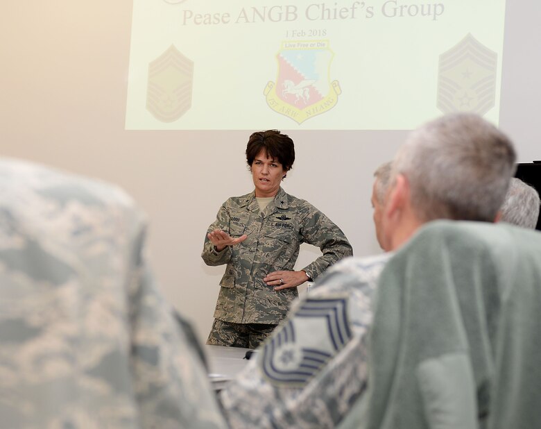 Brig. Gen. Laurie M. Farris, assistant adjutant general and commander of the N.H. Air National Guard, addresses senior enlisted leaders during a chief's group meeting on Feb. 1, 2018 at Pease Air National Guard Base, N.H. Interactions such as this afford Farris the opportunity to build rapport with her enlisted team. (N.H. Air National Guard photo by Staff Sgt. Kayla Rorick)