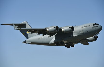 A C-17 Globemaster III assigned to the 437th Airlift Wing flies over Joint Base Charleston’s North Auxiliary Airfield, near Orangeburg, South Carolina., providing airlift support to Airmen from the 321st Contingency Response Squadron, 621st Contingency Response Wing, during Exercise Crescent Moon Jan. 30.