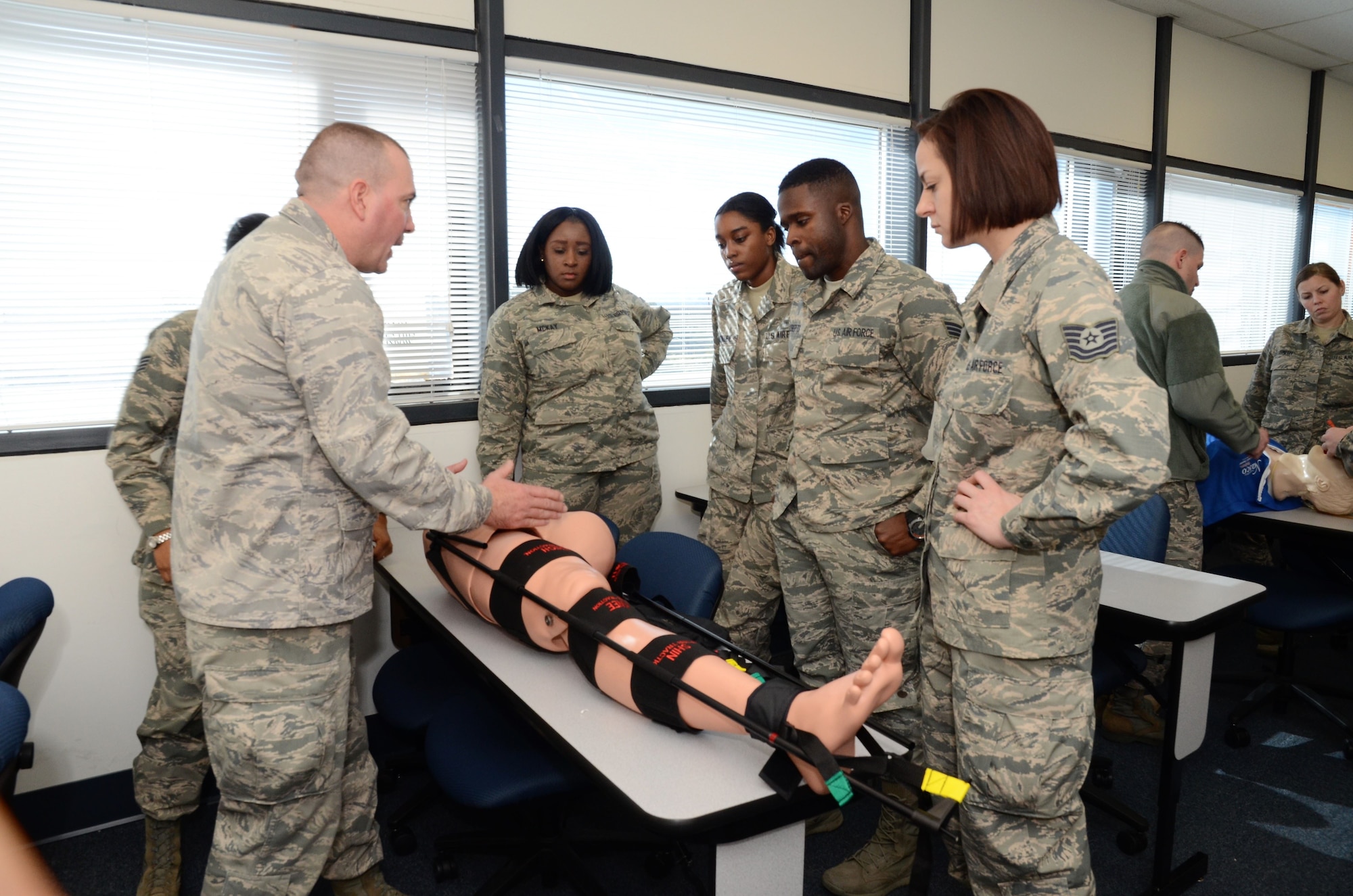 Medical Personnel from Air National Guard units across the country demonstrate their patient assessment skills during a Pre-Hospital Trauma Life Support course at Nellis Air Force Base, Nev., Jan. 27, 2018.