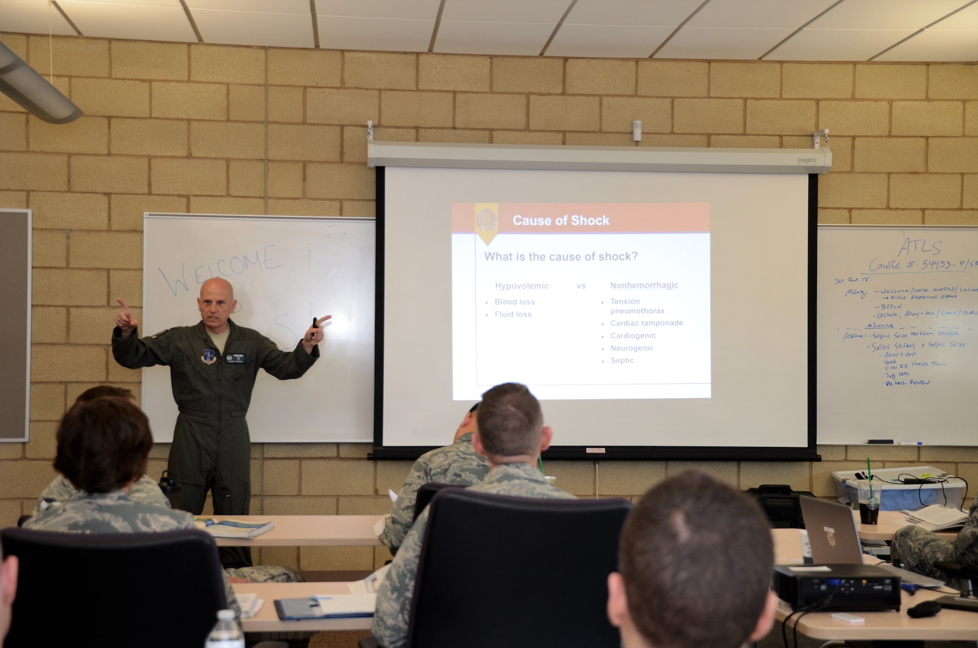 U.S. Air Force Col. Louis Perino, commander of the 116th Medical Group (MDG), Georgia Air National Guard, teaches a class explaining the importance of shock assessment during a Advanced Trauma Life Support course at Nellis Air Force Base, Nev., Jan. 30, 2018.
