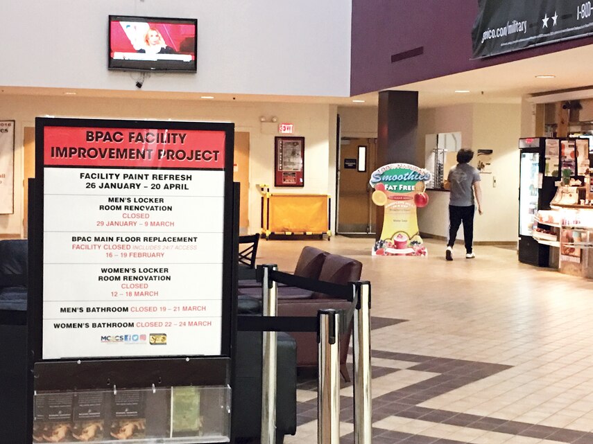 A sign near the entrance to the fitness center announces the upcoming improvements to the facility and dates that some areas may be closed for the refresh.