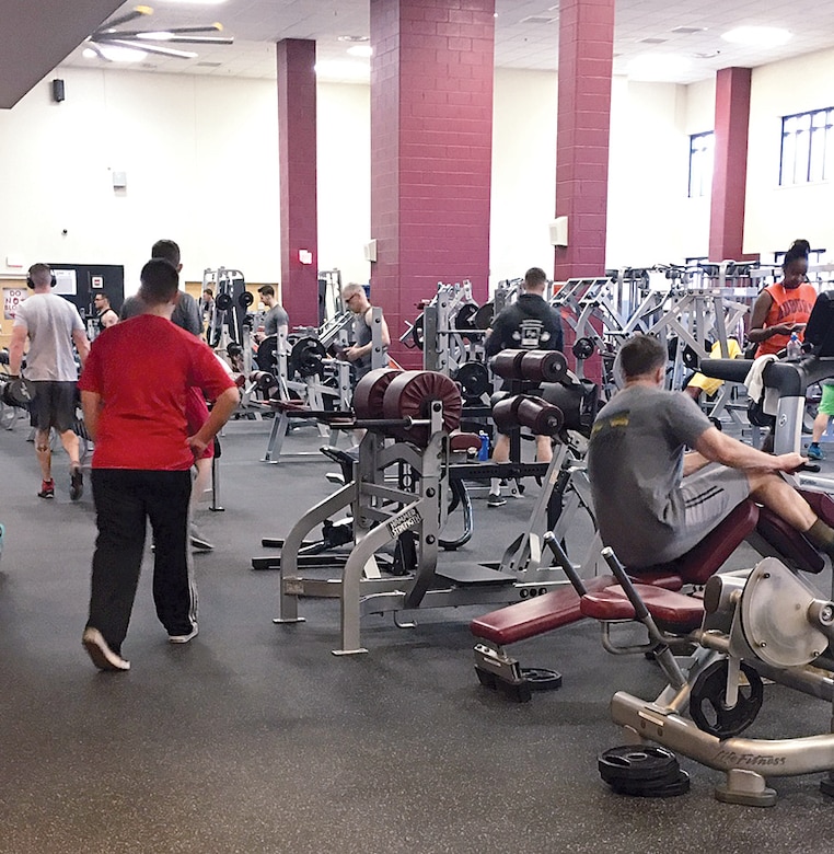 Shown in this photo is the current color scheme of the fitness center of maroon, gold and brown.  The colors will soon be changed to various, soothing shades of gray.