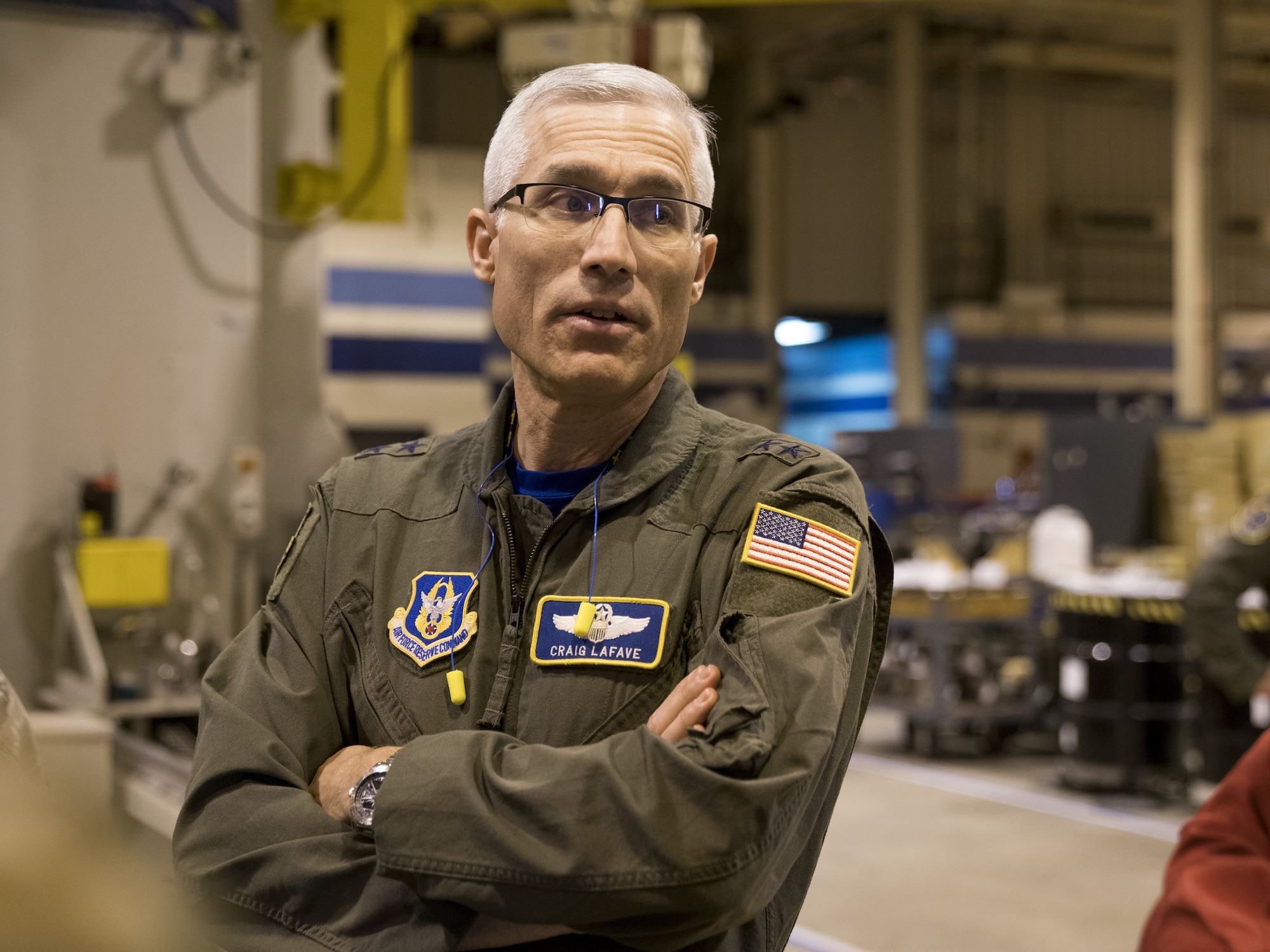 Maj. Gen. Craig La Fave, 22nd Air Force commander, speaks with members of the 402nd Commodities Maintenance Group Feb. 2, 2018, at Robins Air Force Base, Georgia. The 402nd CMXG provides depot maintenance support to F-15, C-5 and C-130 aircraft flown and tested by the 413th Flight Test Group and 339th Flight Test Squadron. (U.S. Air Force photo by Jamal D. Sutter)