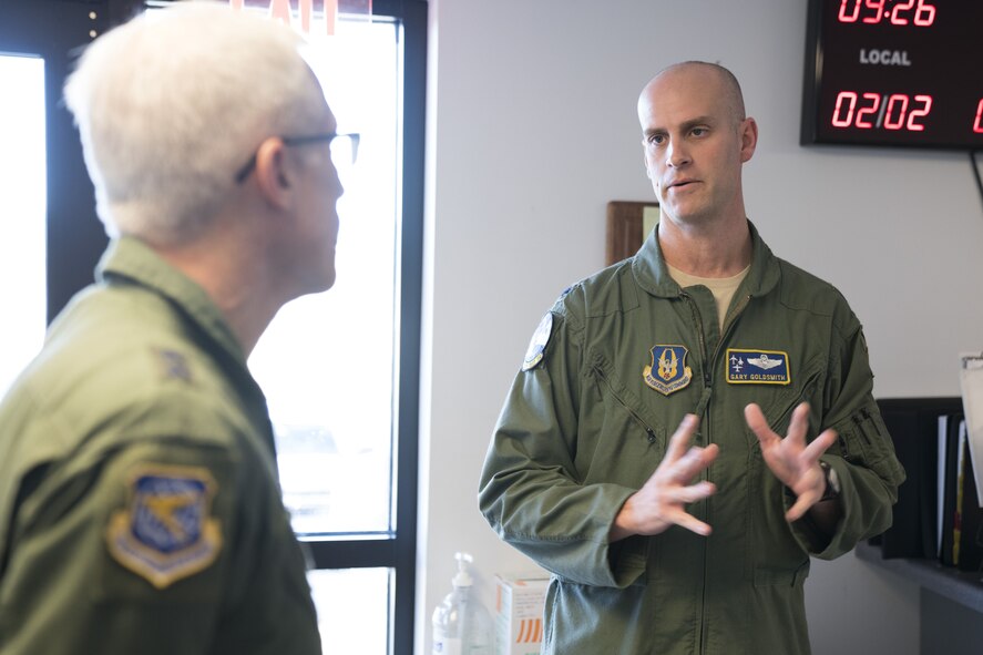 Lt. Col. Gary Goldsmith, right, 339th Flight Test Squadron operations officer, details unit practices and procedures to Maj. Gen. Craig La Fave, 22nd Air Force commander, Feb. 2, 2018, at Robins Air Force Base, Georgia. La Fave toured the 339th FLTS facility and met various Citizen Airmen to get a better understanding of what they bring to the mission. (U.S. Air Force photo by Jamal D. Sutter)
