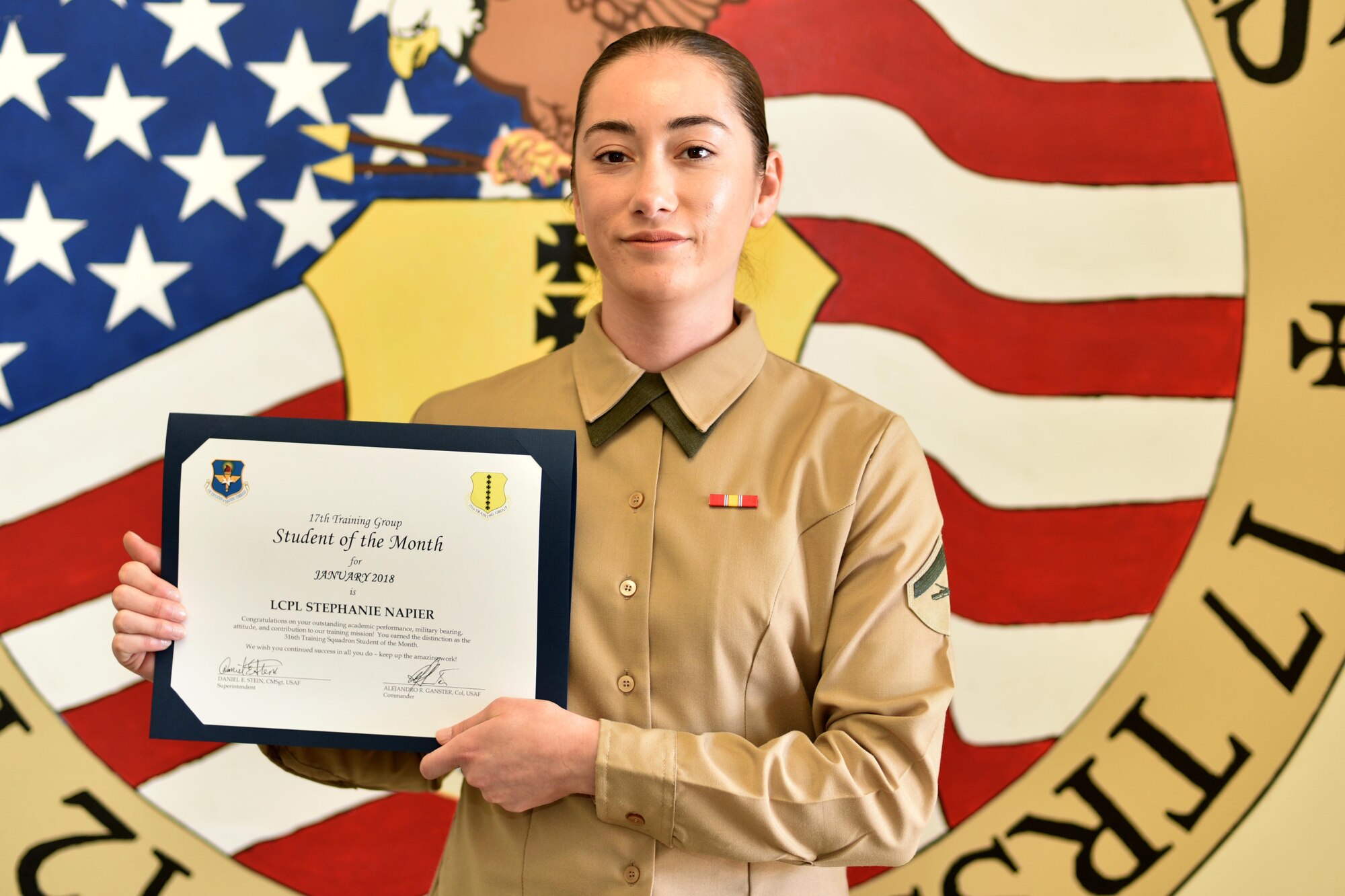 316th Training Squadron Student of the Month for Jan. 2018 U.S. Marine Corps Lance Cpl. Stephanie Napier, Marine Corps Detachment at Goodfellow trainee, stands in the Brandenburg Hall on Goodfellow Air Force Base, Texas, Jan. 2, 2018. Napier is the Goodfellow Student of the Month spotlight for Jan. 2018, a series highlighting Goodfellow students.