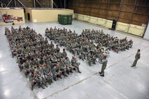 U.S. Air Force Maj. Gen. Scott J. Zobrist, 9th Air Force commander, and Chief Master Sgt. David Wade, 9th AF command chief, address Airmen of the 819th Rapid Engineer Deployable Heavy Operational Repair Squadron Engineers (RED HORSE) in a commander’s call at Malmstrom Air Force Base, Mont., Jan. 25, 2018. During their visit, 9th AF leadership met with 819th RHS, base leaders and Airmen for a mission update and to thank the Airmen who are preparing for upcoming deployments this spring. (U.S. Air Force photo by Kiersten McCutchan)