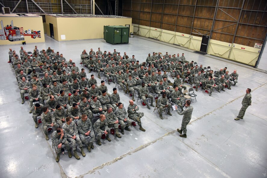 U.S. Air Force Maj. Gen. Scott J. Zobrist, 9th Air Force commander, and Chief Master Sgt. David Wade, 9th AF command chief, address Airmen of the 819th Rapid Engineer Deployable Heavy Operational Repair Squadron Engineers (RED HORSE) in a commander’s call at Malmstrom Air Force Base, Mont., Jan. 25, 2018. During their visit, 9th AF leadership met with 819th RHS, base leaders and Airmen for a mission update and to thank the Airmen who are preparing for upcoming deployments this spring. (U.S. Air Force photo by Kiersten McCutchan)
