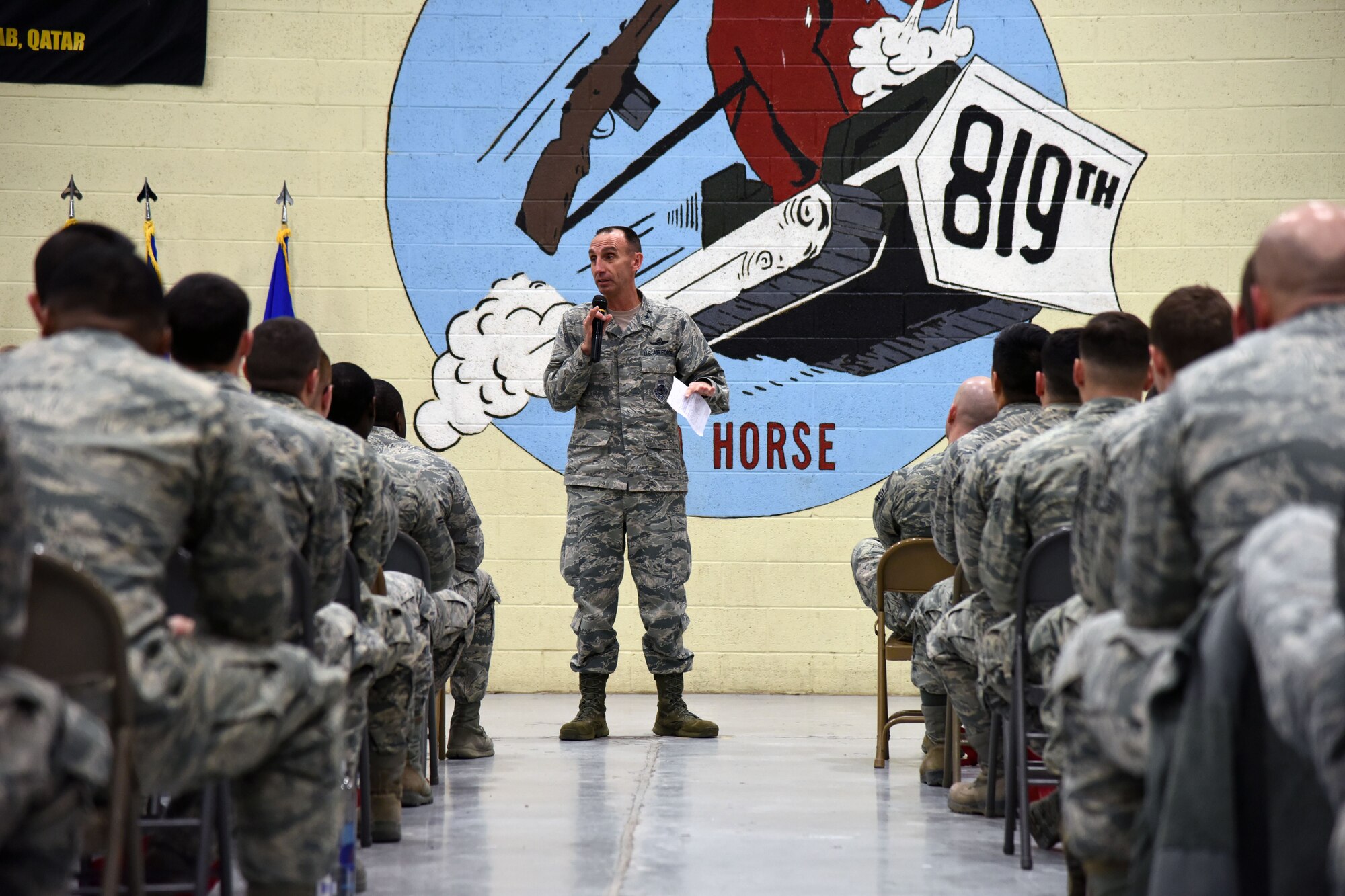 U.S. Air Force Maj. Gen. Scott J. Zobrist, 9th Air Force commander, addresses Airmen from the 819th Rapid Engineer Deployable Heavy Operational Repair Squadron Engineers (RED HORSE) during a commander’s call at Malmstrom Air Force Base, Mont., Jan. 25, 2018. During their visit, 9th AF leadership met with 819th RED HORSE, base leaders and Airmen to thank them for their support and discuss the unit’s upcoming deployments to U.S. Africa Command and U.S. Central Command. (U.S. Air Force photo by Kiersten McCutchan)